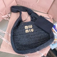Miu Miu Black Raffia-effect woven hobo bag
