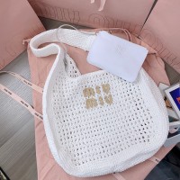 Miu Miu White Raffia-effect woven hobo bag