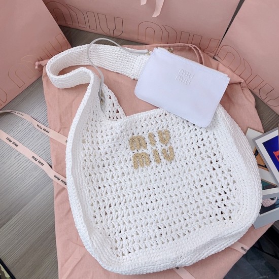 Replica Miu Miu Raffia effect woven hobo bag  in white - 1:1 AAA Quality