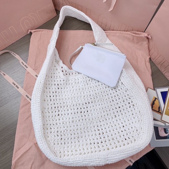 Replica Miu Miu Raffia effect woven hobo bag  in white - 1:1 AAA Quality