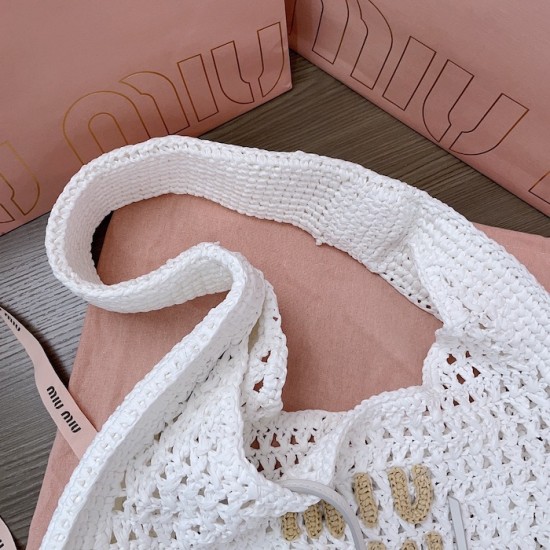 Replica Miu Miu Raffia effect woven hobo bag  in white - 1:1 AAA Quality