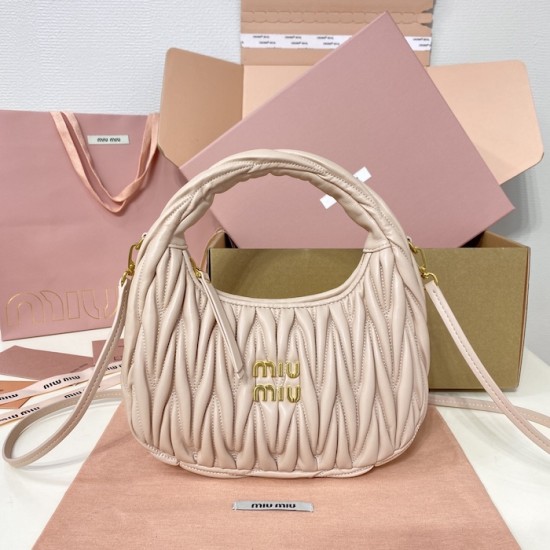 AAA Fake Miu Miu Powder Pink Wander Hobo | miumiureplica.com Replica Miu Miu Powder Pink Wander hobo bag - perfect clone with triangle logo