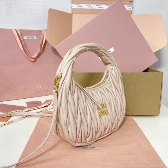 AAA Fake Miu Miu Powder Pink Wander Hobo | miumiureplica.com Replica Miu Miu Powder Pink Wander hobo bag - perfect clone with triangle logo