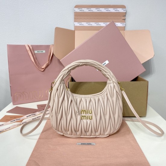 AAA Fake Miu Miu Powder Pink Wander Hobo | miumiureplica.com Replica Miu Miu Powder Pink Wander hobo bag - perfect clone with triangle logo