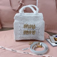 Miu Miu White Raffia-effect woven tote bag