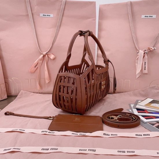 Replica Miu Miu Cognac Leather Basket Bag - 1:1 Quality | miumiureplica.com Replica Miu Miu Cognac Leather Basket Bag Front View