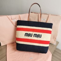 Miu Miu Natural/Blue Raffia-effect woven tote bag