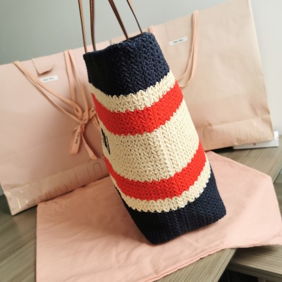 Replica Miu Miu Raffia effect woven tote bag - 1:1 Quality | miumiureplica.com Replica Miu Miu Raffia effect woven tote bag in blue - 1:1 AAA Quality