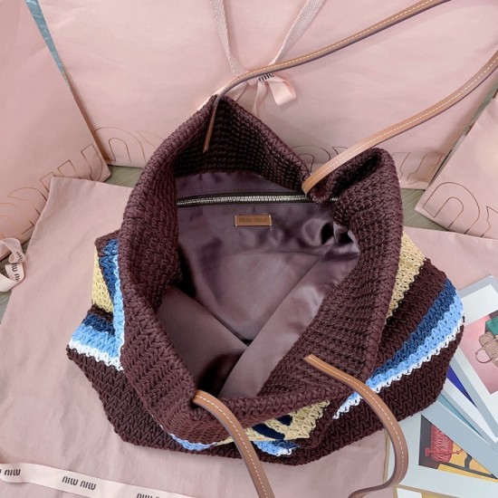 Replica Miu Miu Raffia effect woven tote bag  in Brown - 1:1 AAA Quality