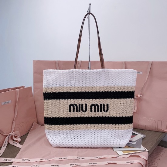Replica Miu Miu Raffia effect woven tote bag  in White - 1:1 AAA Quality