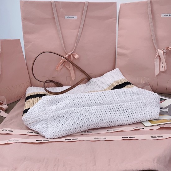 Replica Miu Miu Raffia effect woven tote bag  in White - 1:1 AAA Quality