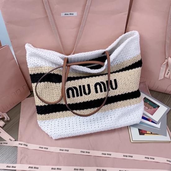 Replica Miu Miu Raffia effect woven tote bag  in White - 1:1 AAA Quality