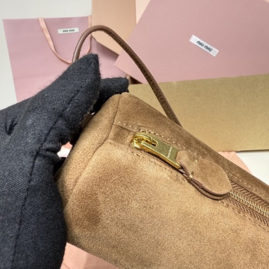Replica Miu Miu Cocoa Brown suede clutch with gold chain strap