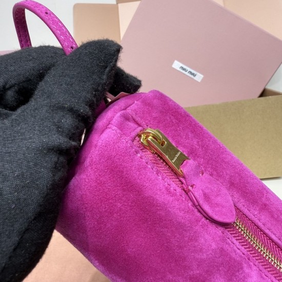 Replica Miu Miu Fuchsia Suede Pouch | Affordable Luxury Clutch Replica Miu Miu pink suede clutch with gold chain strap